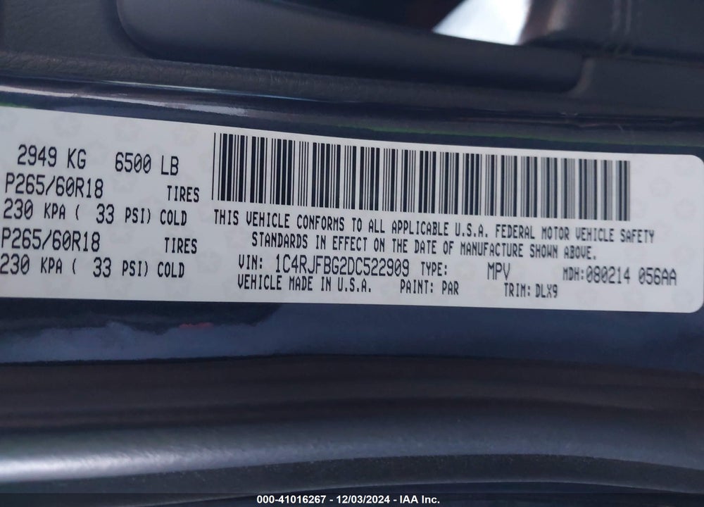 2013 JEEP GRAND CHEROKEE LIMITED VIN: 1C4RJFBG2DC522909