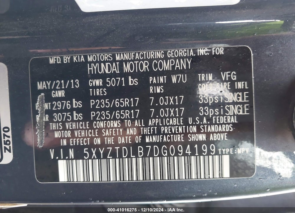 2013 HYUNDAI SANTA FE SPORT VIN: 5XYZTDLB7DG094199