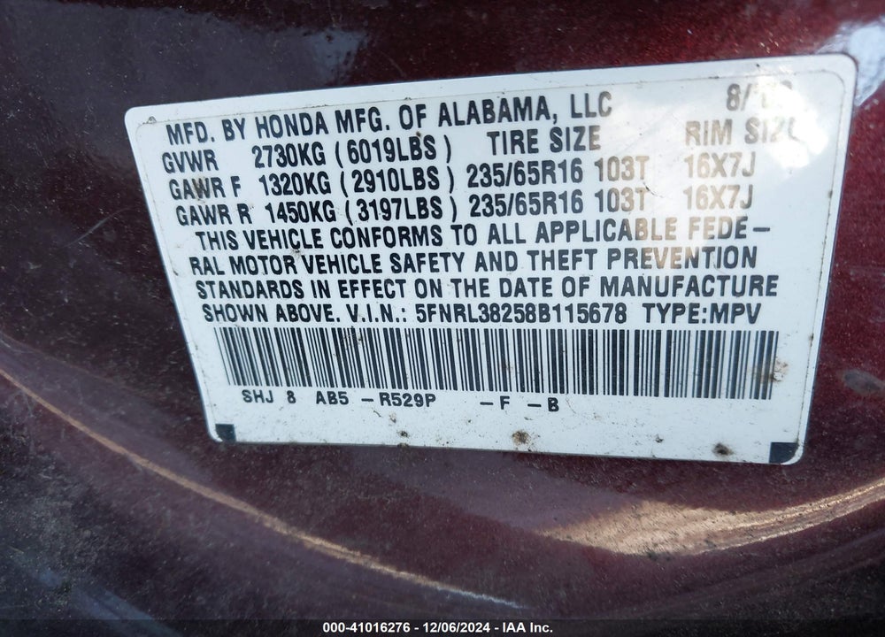 2008 HONDA ODYSSEY LX VIN: 5FNRL38258B115678