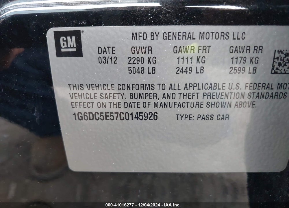 2012 CADILLAC CTS STANDARD VIN: 1G6DC5E57C0145926