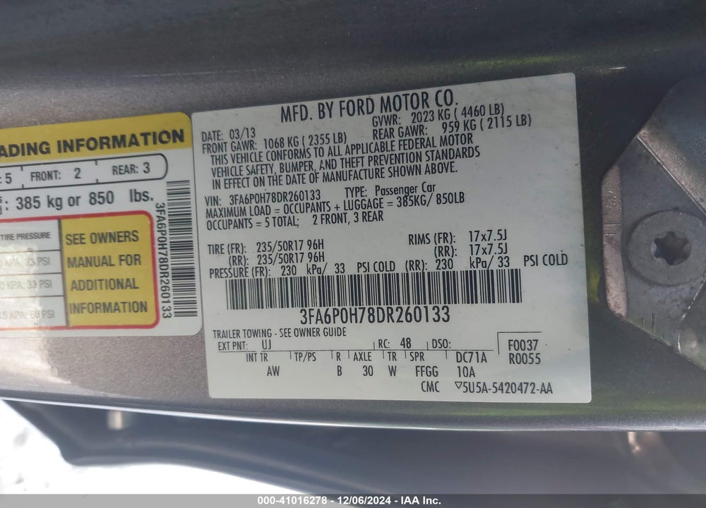 2013 FORD FUSION SE VIN: 3FA6P0H78DR260133