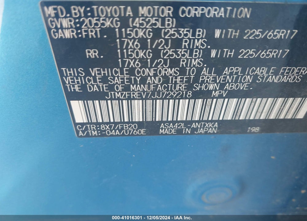 2018 TOYOTA RAV4 LE VIN: JTMZFREV7JJ729218