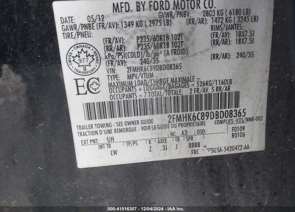 2013 FORD FLEX SEL VIN: 2FMHK6C89DBD08365