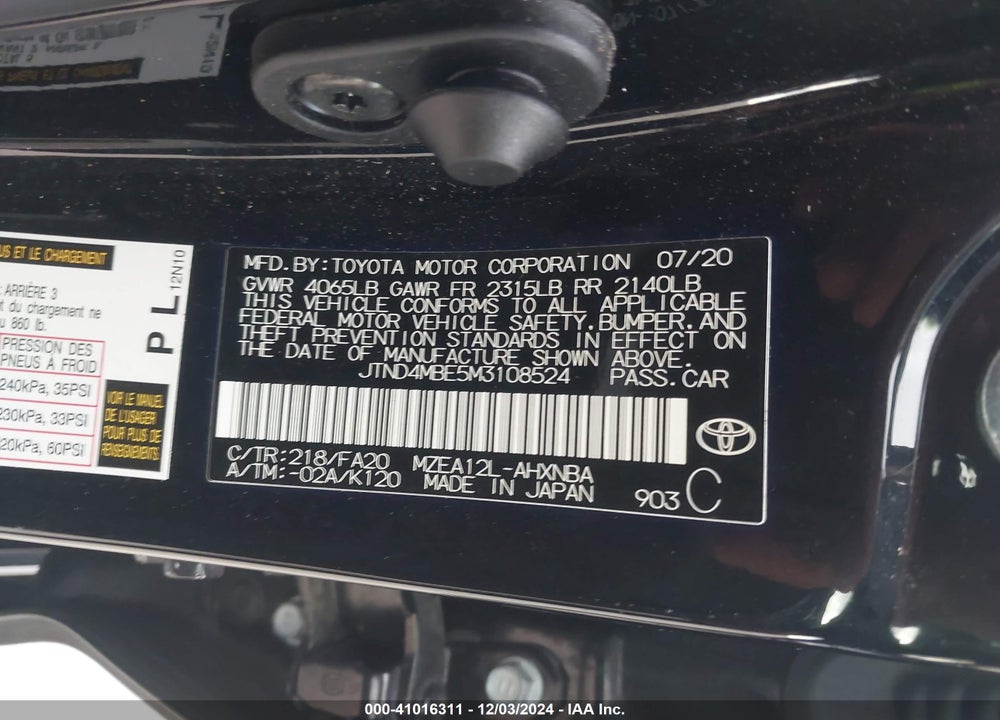 2021 TOYOTA COROLLA VIN: JTND4MBE5M3108524