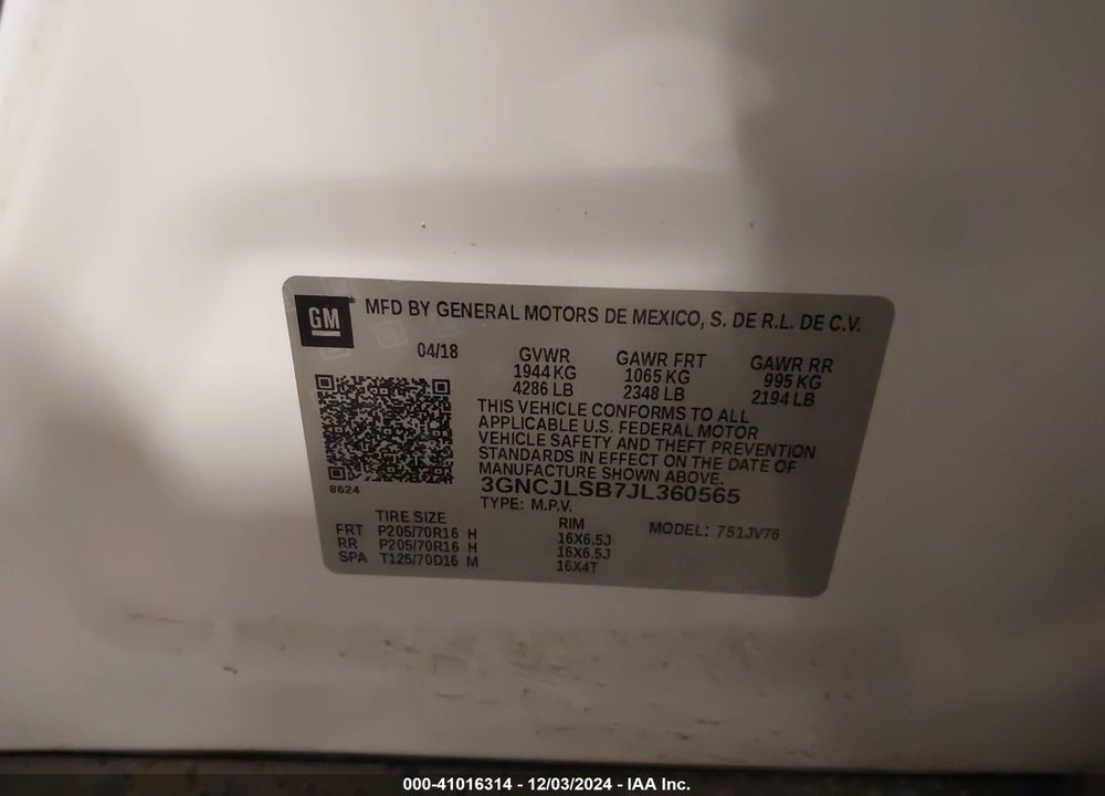 2018 CHEVROLET TRAX LT VIN: 3GNCJLSB7JL360565