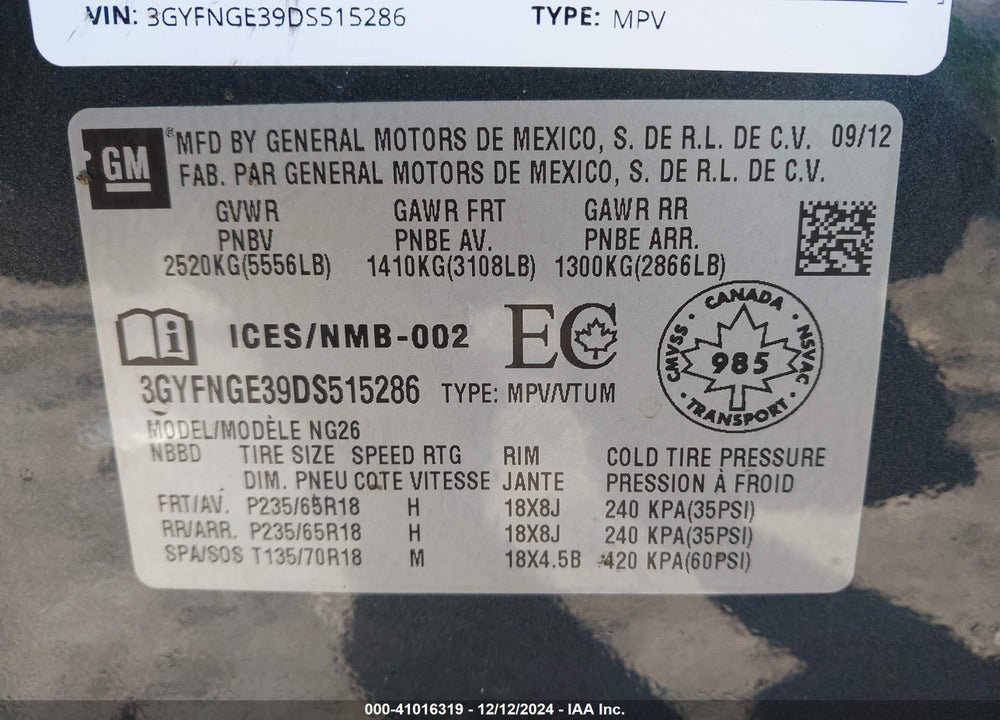 2013 CADILLAC SRX VIN: 3GYFNGE39DS515286