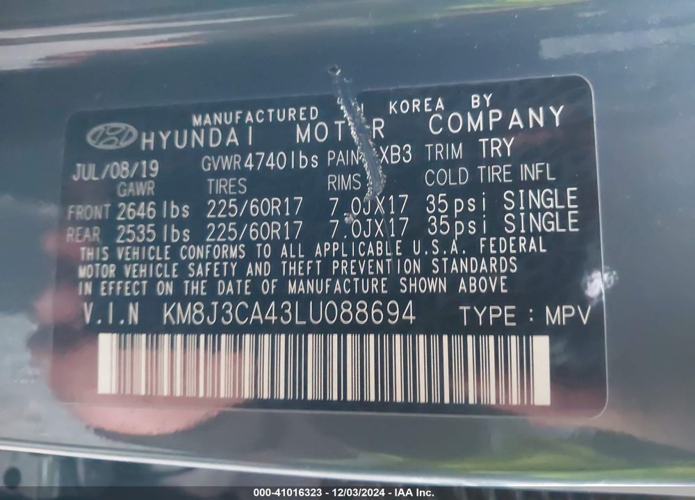 2020 HYUNDAI TUCSON VALUE VIN: KM8J3CA43LU088694