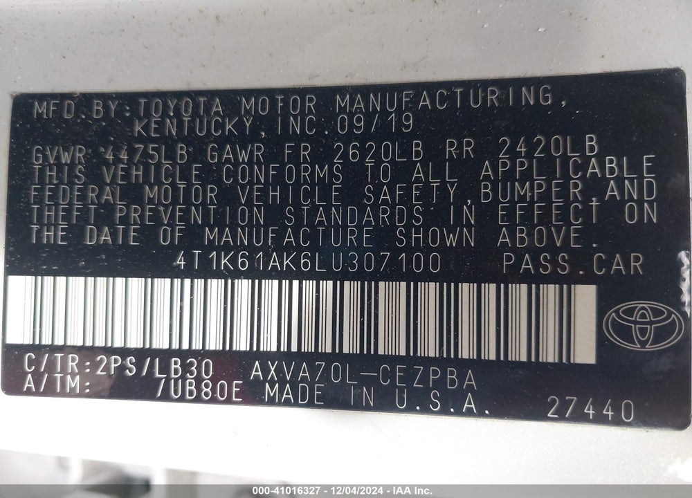 2020 TOYOTA CAMRY XSE VIN: 4T1K61AK6LU307100