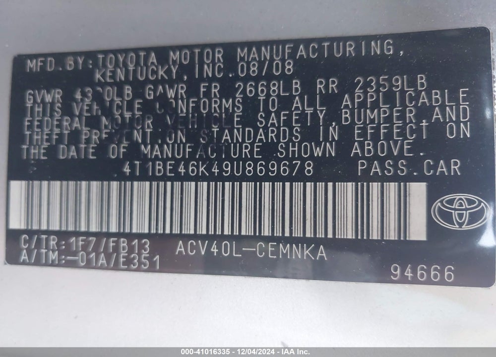 2009 TOYOTA CAMRY VIN: 4T1BE46K49U869678