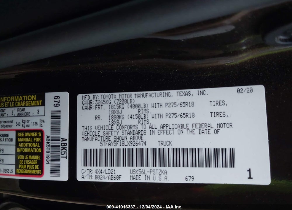 2020 TOYOTA TUNDRA 1794 EDITION VIN: 5TFAY5F18LX926474