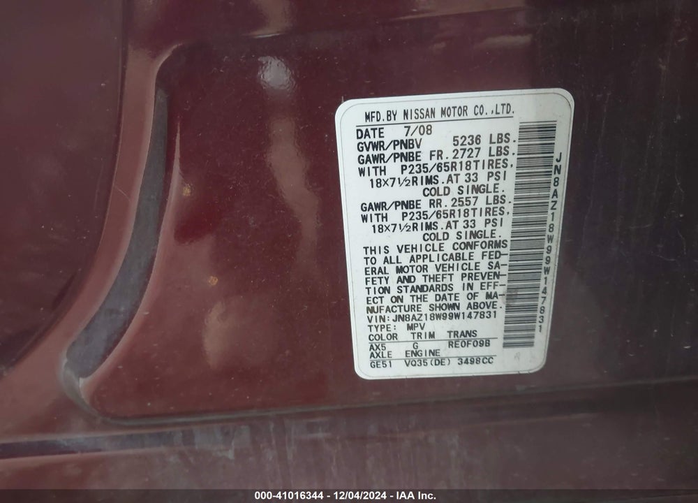2009 NISSAN MURANO SL VIN: JN8AZ18W99W147831