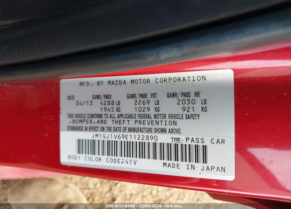 2014 MAZDA 6 I TOURING VIN: JM1GJ1V69E1122890