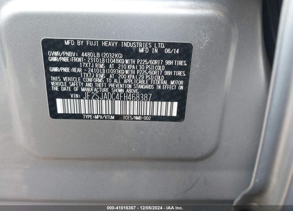 2015 SUBARU FORESTER 2.5I PREMIUM VIN: JF2SJADC4FH468387