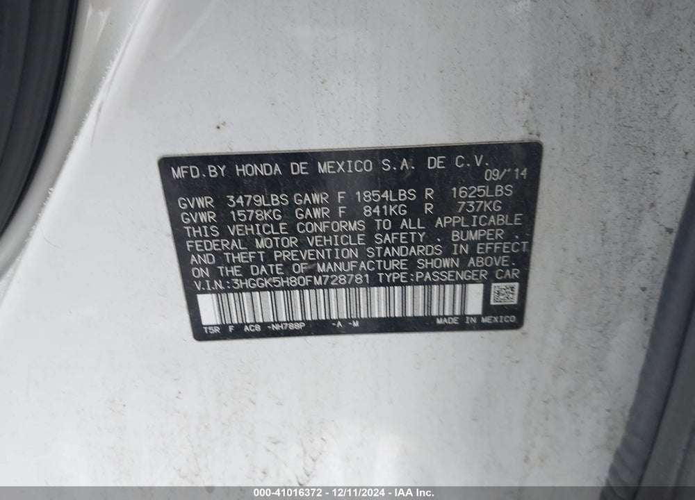 2015 HONDA FIT EX/EX-L VIN: 3HGGK5H80FM728781