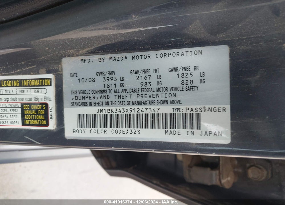 2009 MAZDA 3 VIN: JM1BK343X91247347