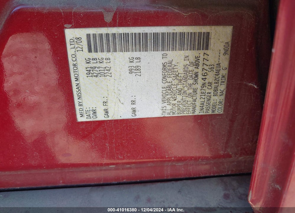 2009 NISSAN ALTIMA 2.5 S VIN: 1N4AL21E79N467777