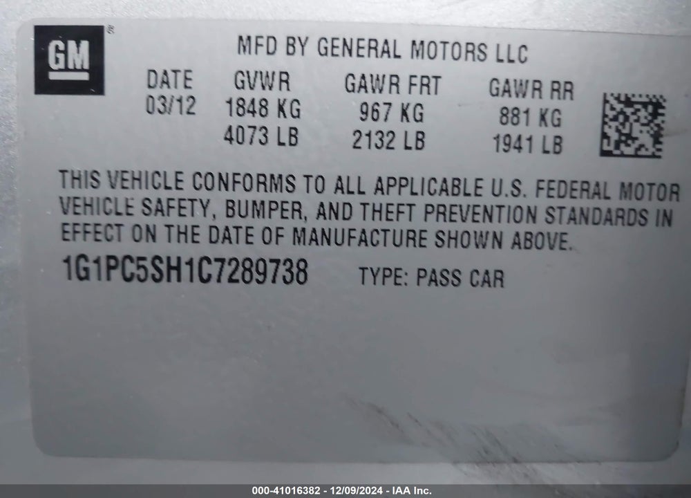 2012 CHEVROLET CRUZE LS VIN: 1G1PC5SH1C7289738