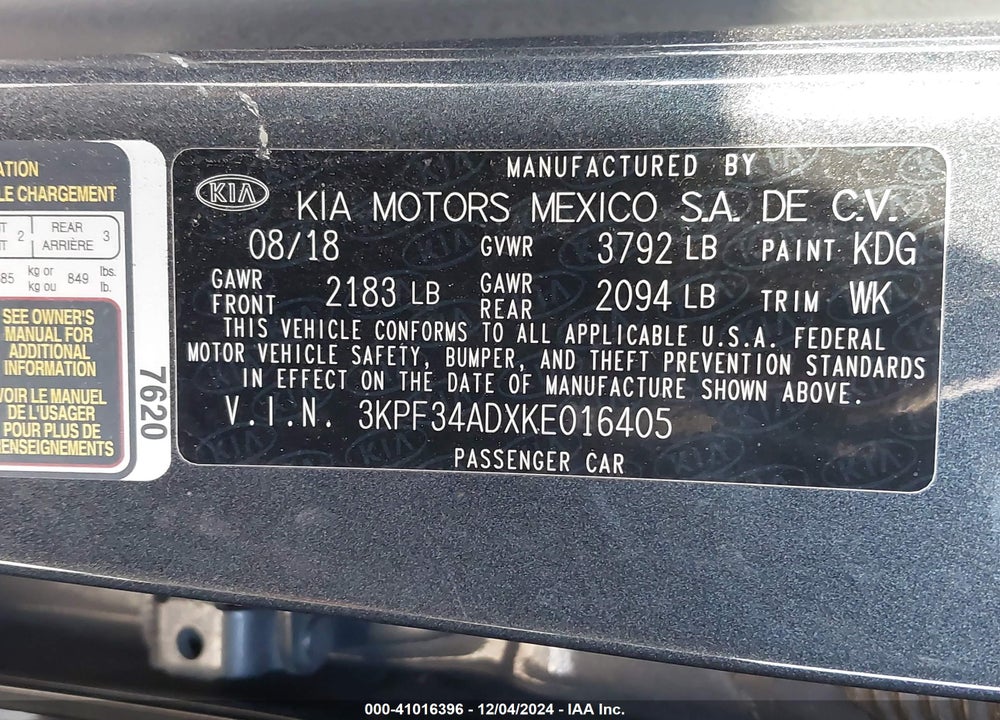 2019 KIA FORTE VIN: 3KPF34ADXKE016405