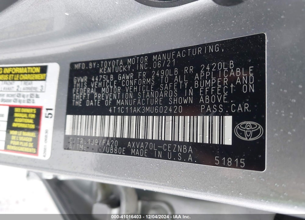 2021 TOYOTA CAMRY LE VIN: 4T1C11AK3MU602420