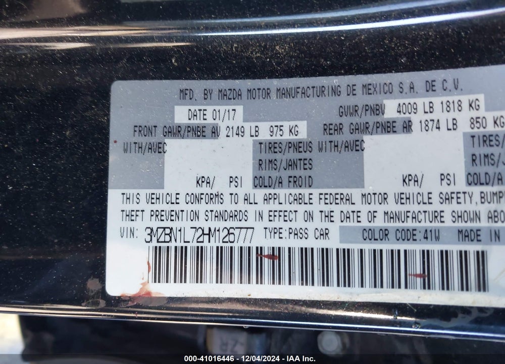2017 MAZDA 3 TOURING VIN: 3MZBN1L72HM126777