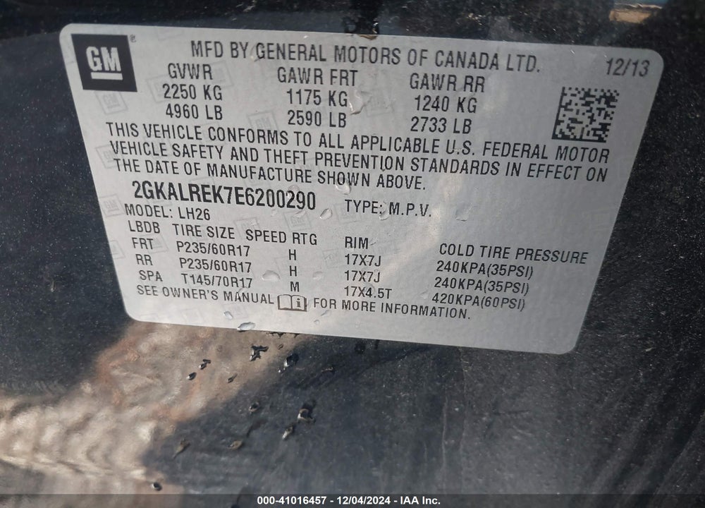 2014 GMC TERRAIN SLE-2 VIN: 2GKALREK7E6200290