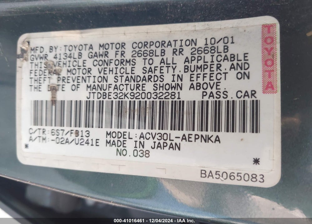 2002 TOYOTA CAMRY LE VIN: JTDBE32K920032281
