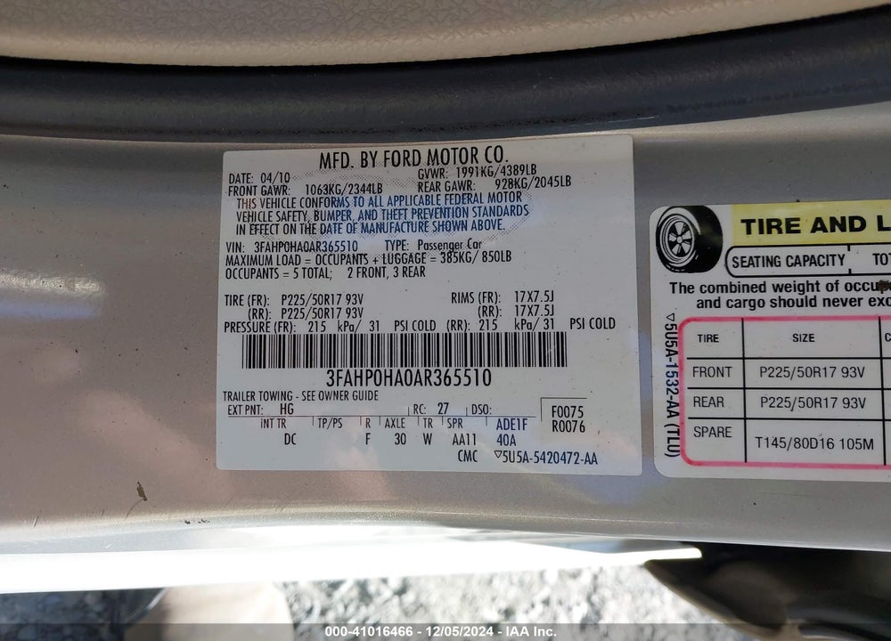 2010 FORD FUSION SE VIN: 3FAHP0HA0AR365510