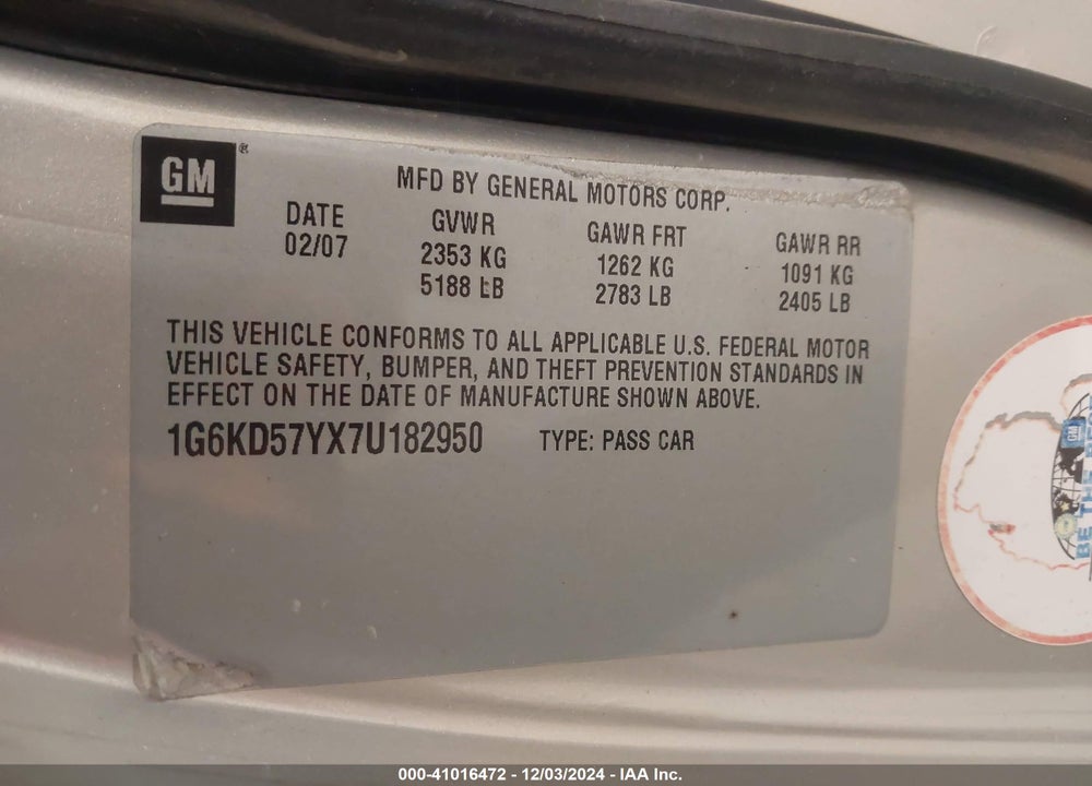 2007 CADILLAC DTS VIN: 1G6KD57YX7U182950