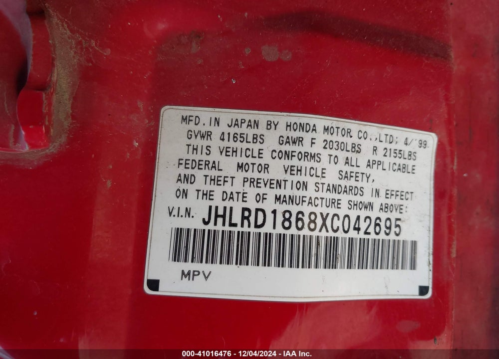 1999 HONDA CR-V EX VIN: JHLRD1868XC042695