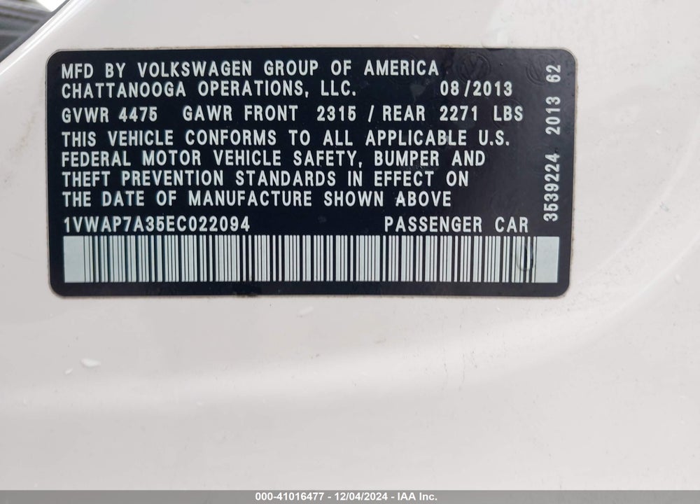2014 VOLKSWAGEN PASSAT 2.5L S VIN: 1VWAP7A35EC022094
