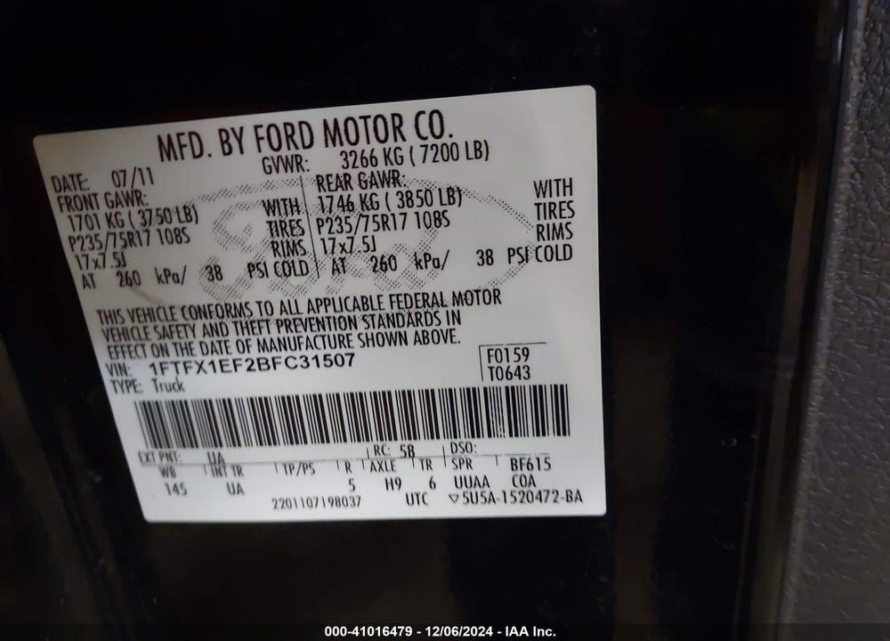 2011 FORD F-150 XLT VIN: 1FTFX1EF2BFC31507