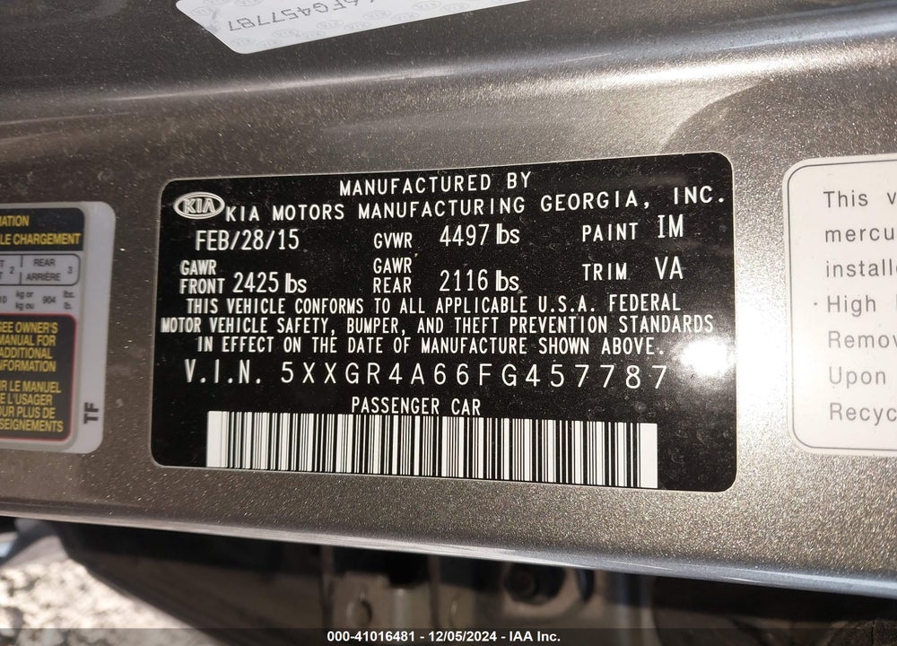 2015 KIA OPTIMA VIN: 5XXGR4A66FG457787