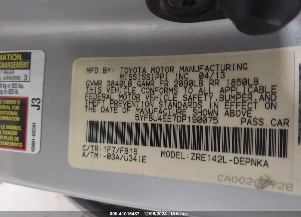 2013 TOYOTA COROLLA LE VIN: 5YFBU4EE7DP190075