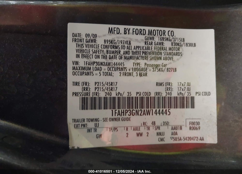 2010 FORD FOCUS VIN: 1FAHP3GN2AW144445
