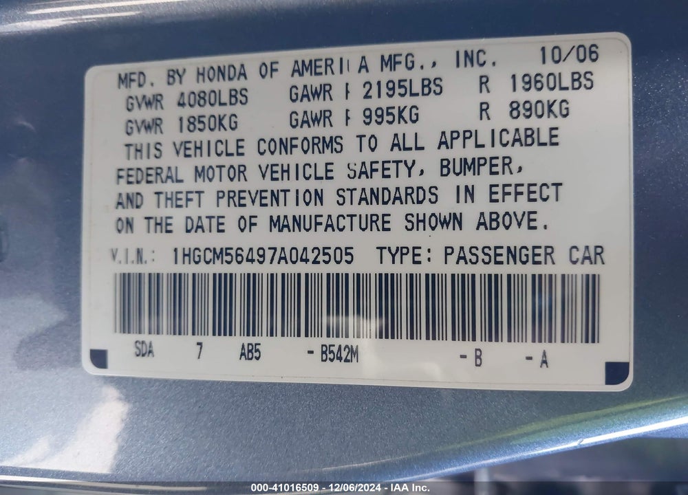 2007 HONDA ACCORD 2.4 LX VIN: 1HGCM56497A042505