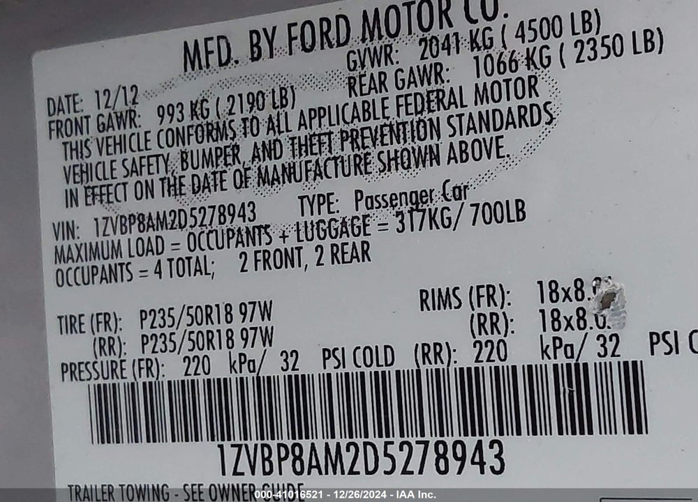 2013 FORD MUSTANG V6 PREMIUM VIN: 1ZVBP8AM2D5278943