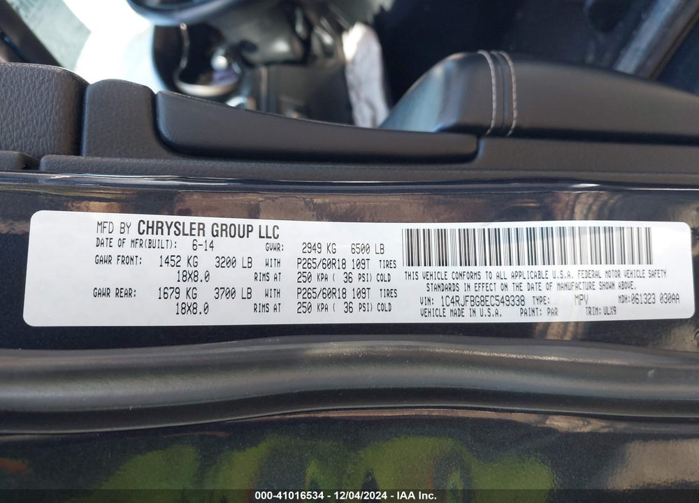 2014 JEEP GRAND CHEROKEE LIMITED VIN: 1C4RJFBG8EC549338