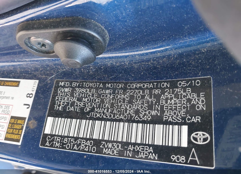 2010 TOYOTA PRIUS II VIN: JTDKN3DU6A0176349