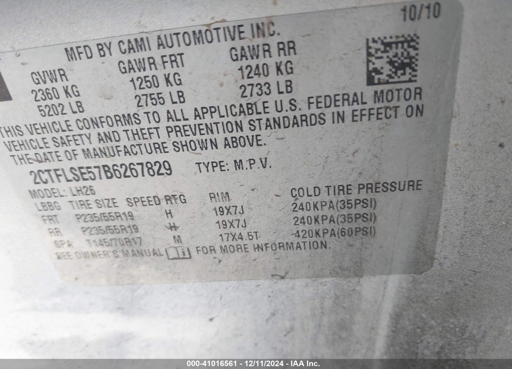 2011 GMC TERRAIN SLE-2 VIN: 2CTFLSE57B6267829