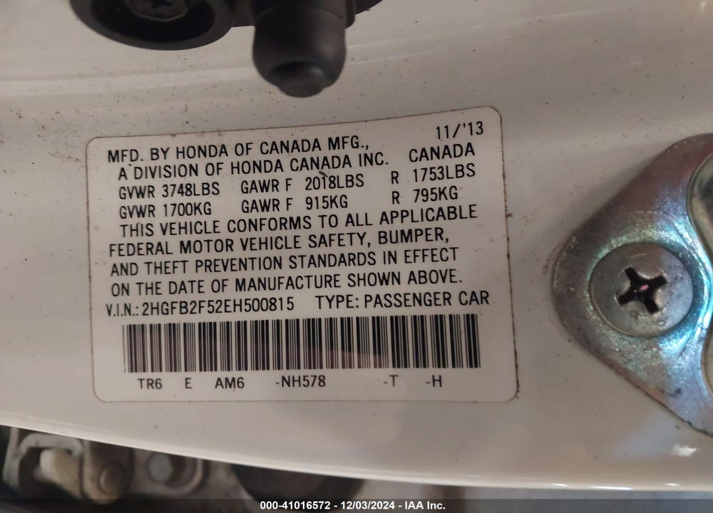 2014 HONDA CIVIC LX VIN: 2HGFB2F52EH500815