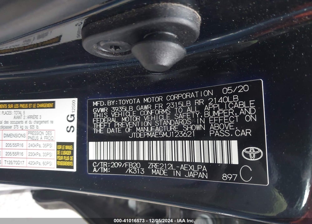 2021 TOYOTA COROLLA LE VIN: JTDEPMAE5MJ123621