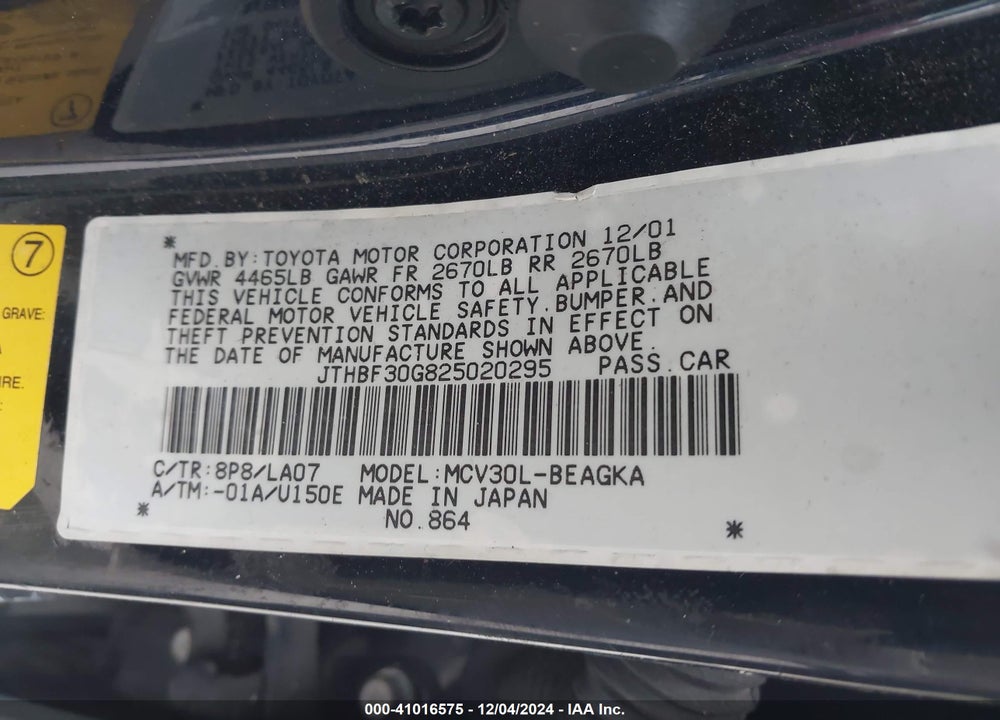 2002 LEXUS ES 300 VIN: JTHBF30G825020295