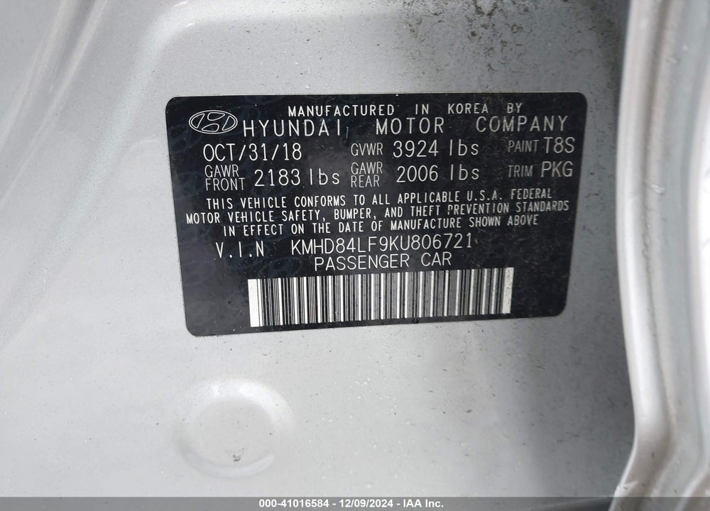 2019 HYUNDAI ELANTRA VIN: KMHD84LF9KU806721