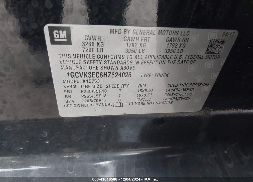 2017 CHEVROLET SILVERADO 1500 2LZ VIN: 1GCVKSEC6HZ324026