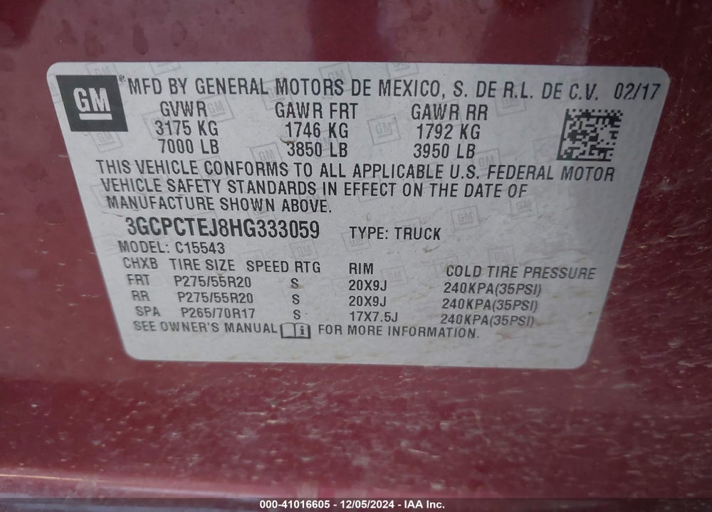 2017 CHEVROLET SILVERADO 1500 HIGH COUNTRY VIN: 3GCPCTEJ8HG333059