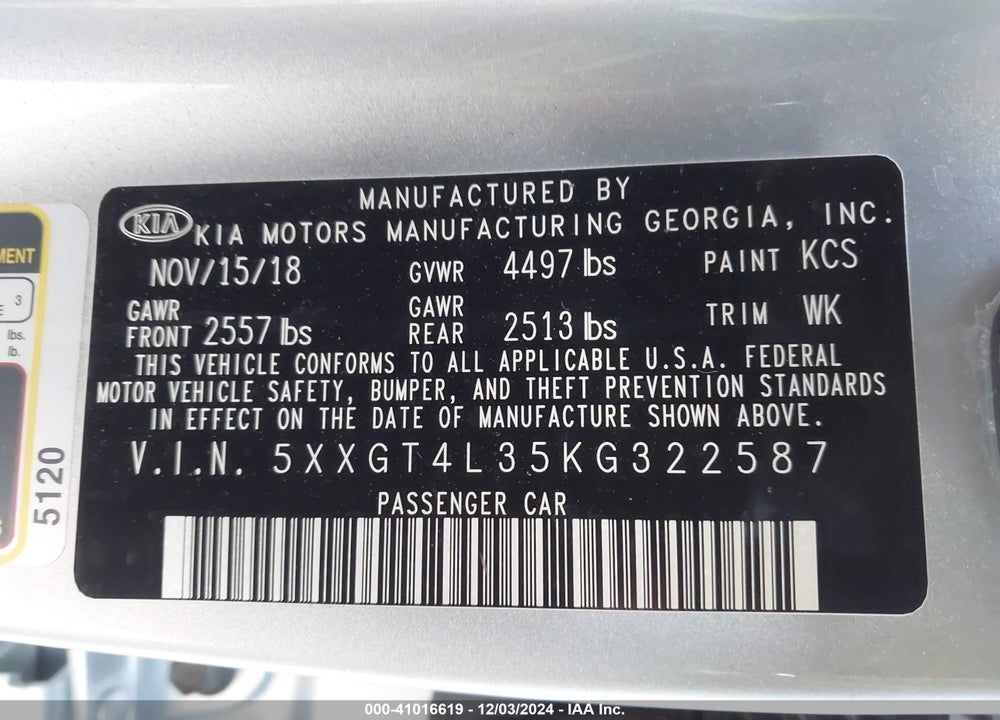 2019 KIA OPTIMA LX VIN: 5XXGT4L35KG322587