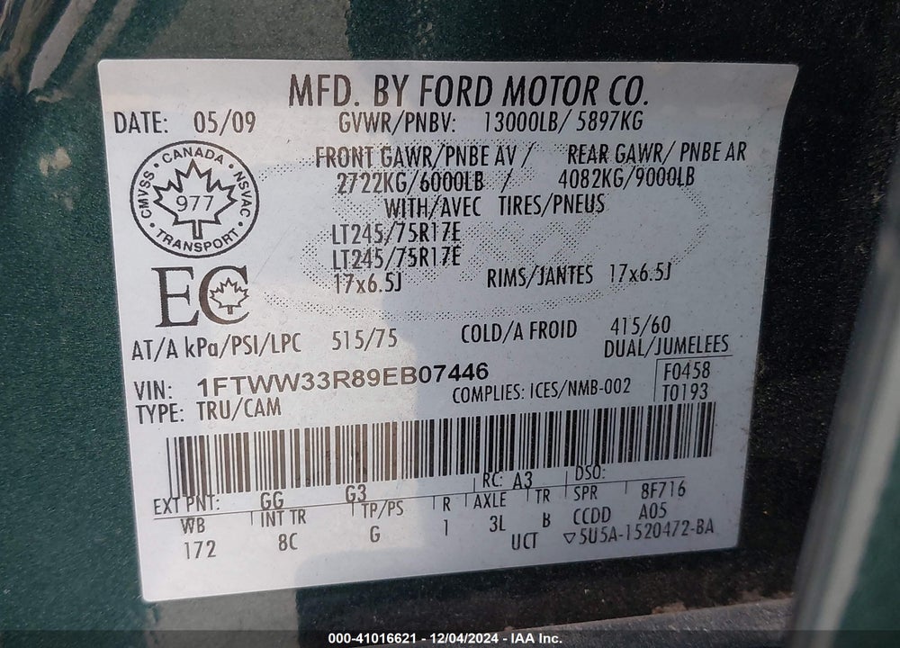 2009 FORD F-350 FX4/KING RANCH/LARIAT/XL/XLT VIN: 1FTWW33R89EB07446