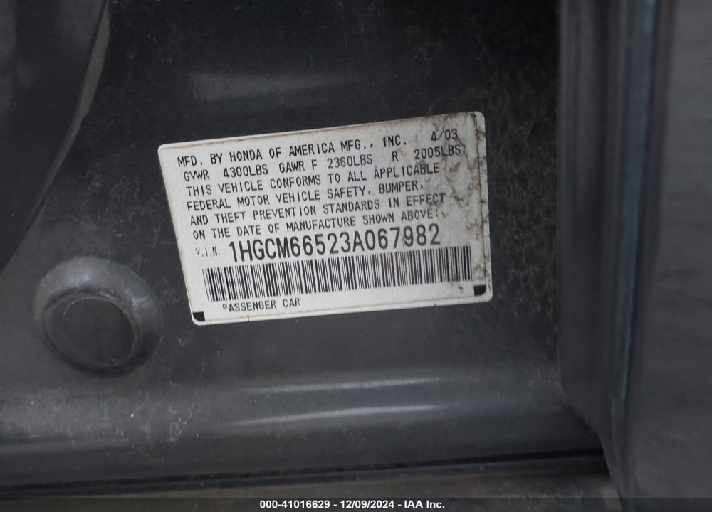 2003 HONDA ACCORD 3.0 EX VIN: 1HGCM66523A067982