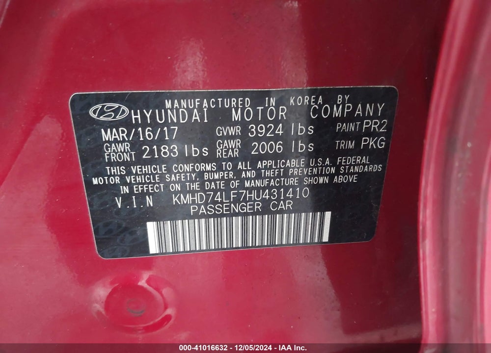 2017 HYUNDAI ELANTRA SE VIN: KMHD74LF7HU431410