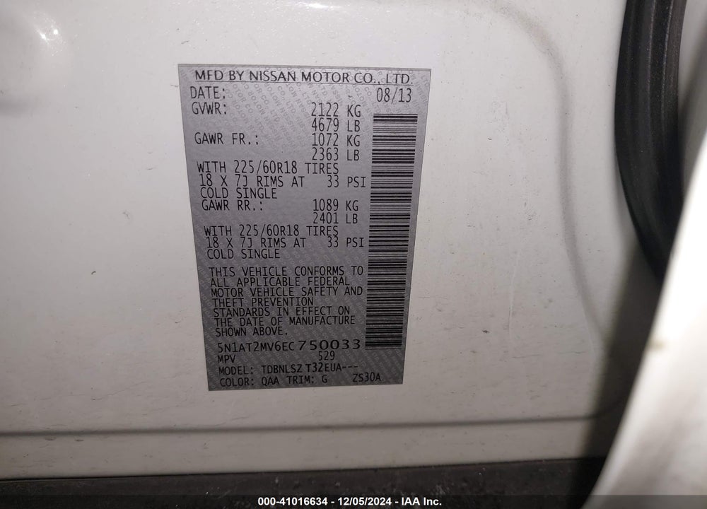 2014 NISSAN ROGUE S/SL/SV VIN: 5N1AT2MV6EC750033